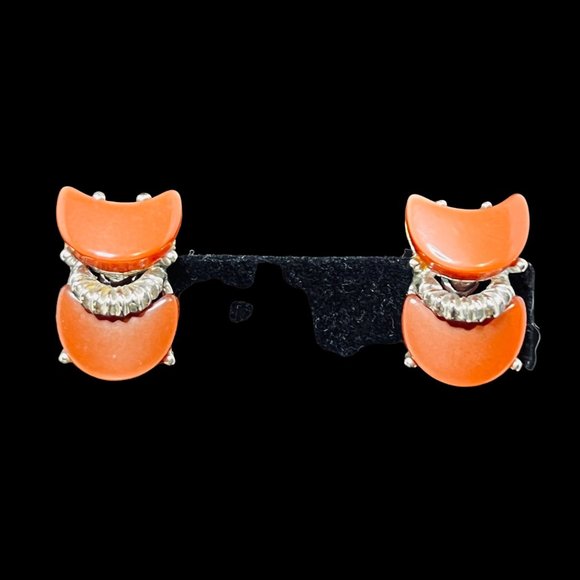 Silver Tone And Rust Thermoset Lucite Choker Necklace & Clip On Earrings (4994) - Picture 6 of 8
